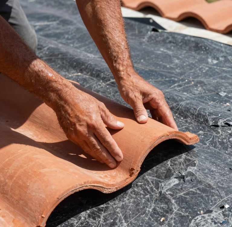 Close-up of a craftsman's hands carefully placing a traditional curved terracotta clay tile on a roof, modern dark grey insulation membrane visible underneath, bright natural daylight, high contrast.