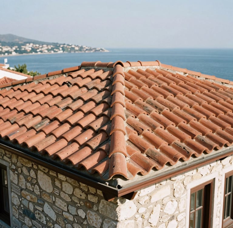 High-angle architectural shot of traditional terracotta roof tiles aligned perfectly on a Seferihisar stone house, bright Aegean morning light casting crisp shadows, coastal landscape blurred in the background, 35mm.