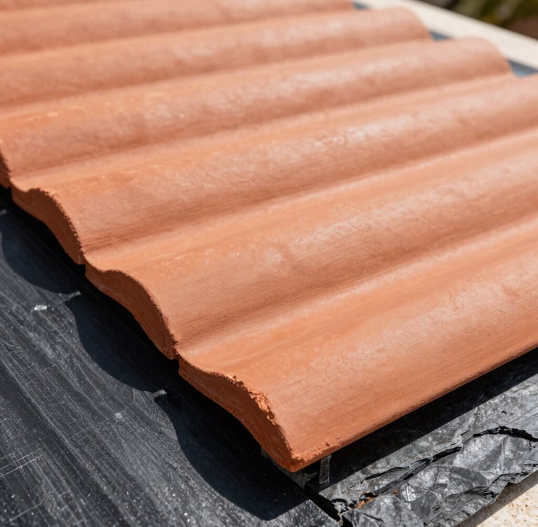 Close-up of high-quality terracotta roof tiles being laid in perfect alignment on a modern black insulation membrane, sharp focus, bright Aegean sunlight showing rich textures.