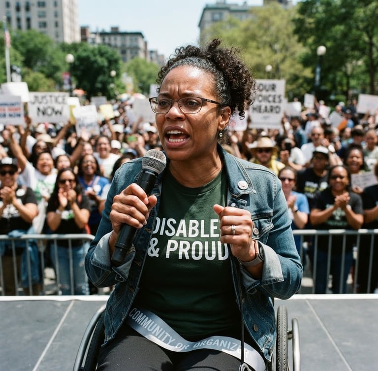 Eye-level portrait of a disabled community organizer speaking into a microphone at a public rally, bright natural daylight, high-contrast realistic tones.