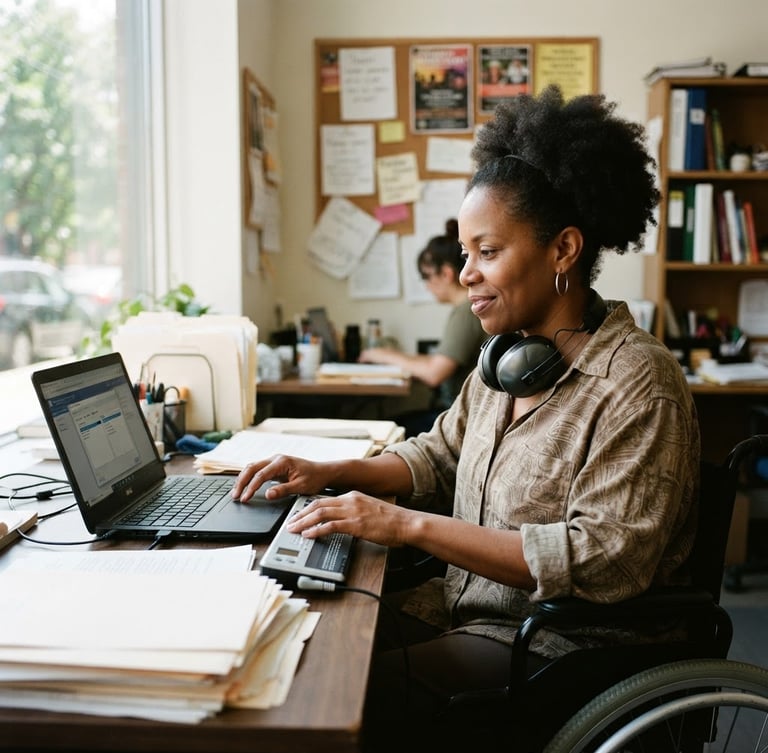 Eye-level documentary portrait of a disabled community organizer working at a bright, sunlit desk with adaptive screen-reading technology, high contrast, authentic daylight, sharp focus