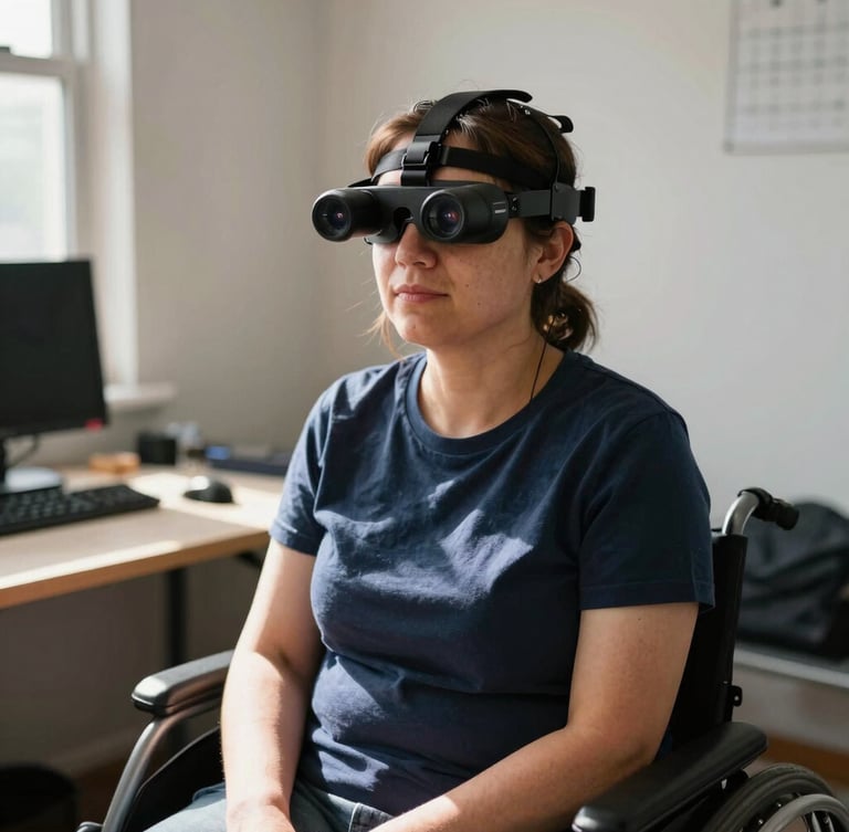 Eye-level documentary portrait of a disabled community organizer using adaptive head-tracking technology in a sunlit workspace, sharp focus, high-contrast.