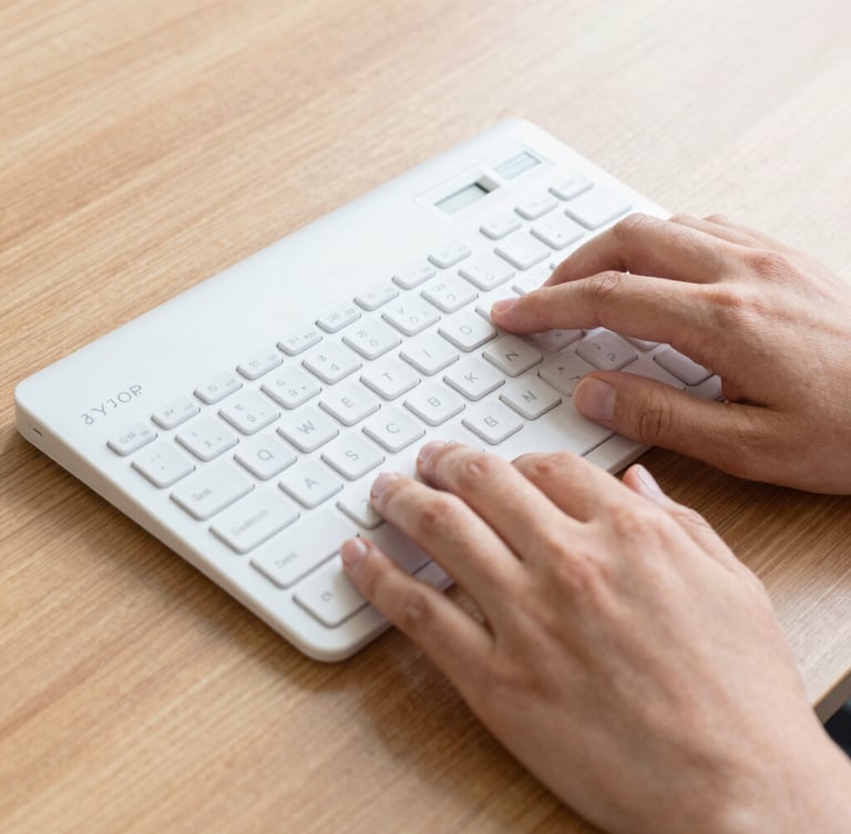 Close-up of hands using an adaptive keyboard and braille display on a wooden desk, clean high-contrast daylight, sharp focus.