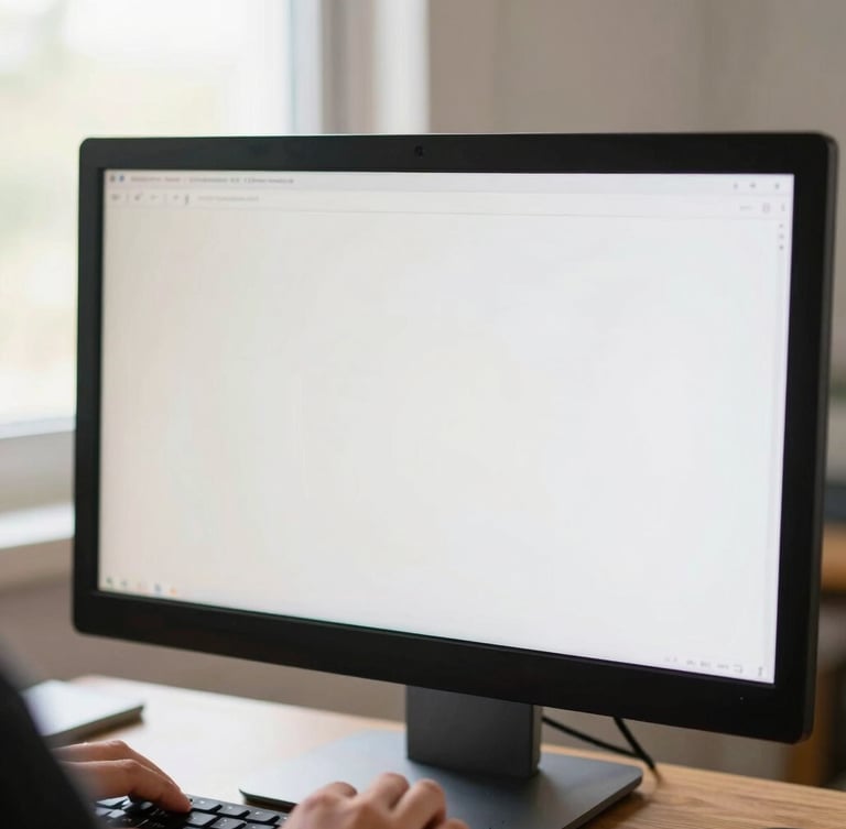 A close-up shot of a low-vision writer using a high-contrast screen reader on a large monitor, warm natural light from a nearby window.