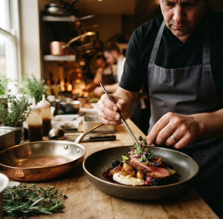 Close-up of a chef plating a dish in a dimly lit, warm kitchen, soft natural light reflecting off a copper pan, editorial food photography style.