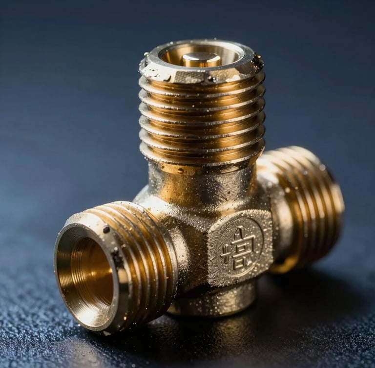 Macro close-up of heavy-duty threaded brass valve, focus on precise metal threads and certification stamp, dramatic high-contrast industrial lighting with cool blue shadows and warm gold metallic reflections.