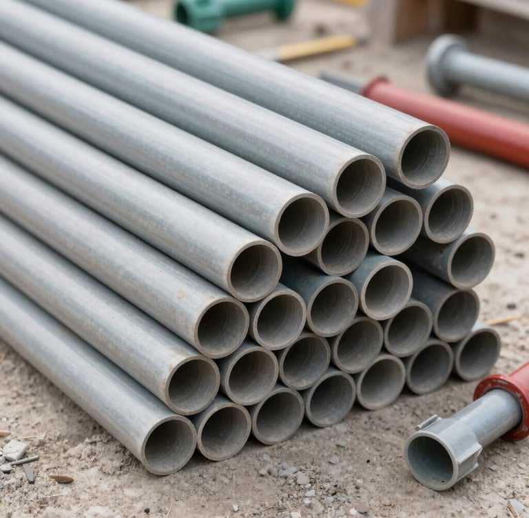 Low-perspective wide shot of massive stacks of large-diameter dark gray UPVC pressure pipes in an outdoor Omani logistics yard under high-contrast desert sunlight.