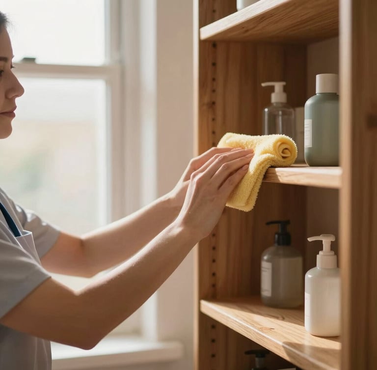 Professional helper in a simple, clean uniform, hands gently cleaning a wooden shelf with a duster, soft morning light streaming from a window, clean domestic items neatly arranged. Portrait aspect, subject in left third.