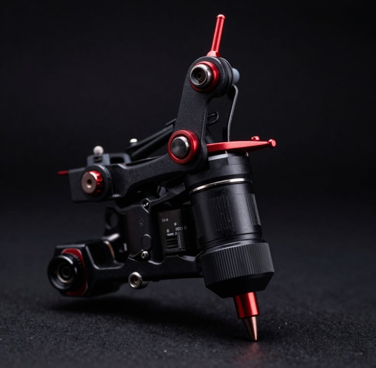 Macro close-up of a professional tattoo machine with sharp crimson red accents, dramatic side-lighting, dark moody studio background, 35mm lens