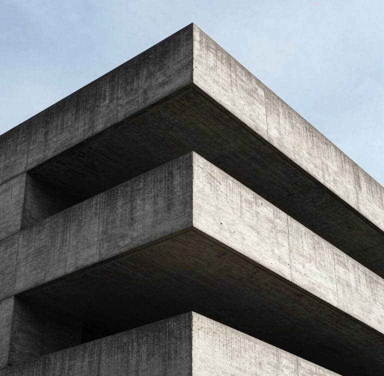 Low-angle heroic shot of a brutalist concrete structure in London, hard directional daylight, deep shadows, raw stone textures, 35mm lens.