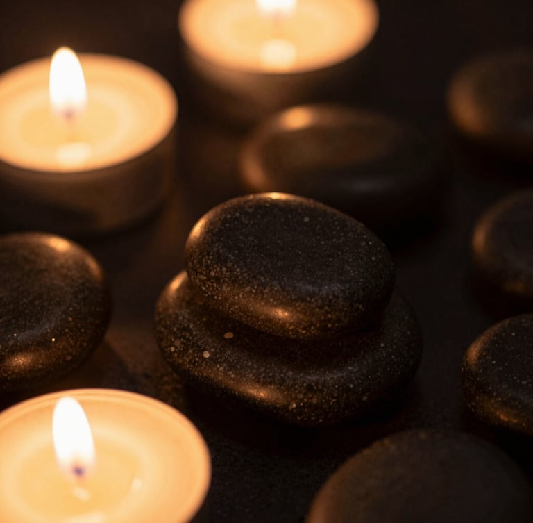 Macro shot of smooth dark basalt stones resting in warm amber candlelight, soft shadow play, shallow depth of field
