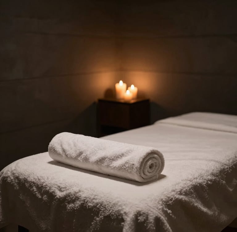 Moody spa photography, warm low-key candlelight illuminating a clean, empty treatment room with dark slate walls and rolled white towels, 35mm