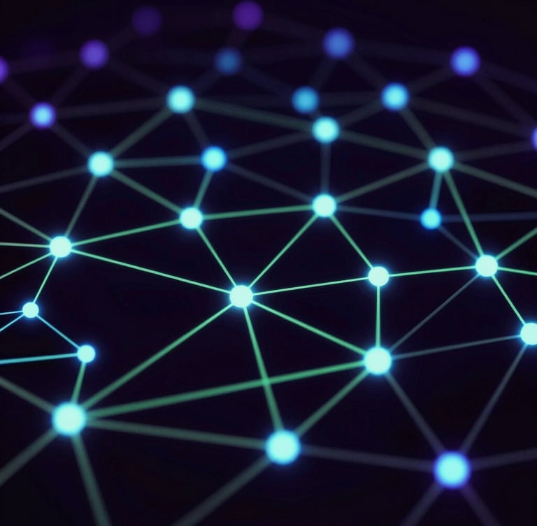Abstract dark-themed 3D network nodes with neon-green connections, crisp high-contrast digital rendering, low-key moody blue and purple ambient light