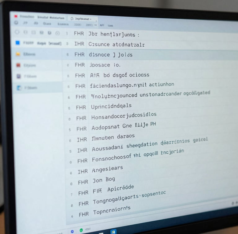 Close-up of a software engineer reviewing structured JSON schemas and FHIR API specifications on a vertical monitor, cool screen glow, sharp focus, 35mm