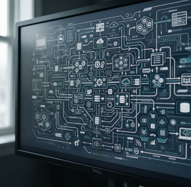 Macro photograph of clean technical system architecture diagram on a monitor, cool daylight mixed with subtle screen glow, slate and navy tones, sharp focus, 35mm