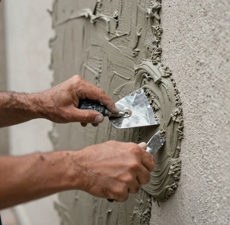 Close-up of a craftsman's hands using a steel trowel to apply clean stucco mixture to an exterior wall, high contrast texture.