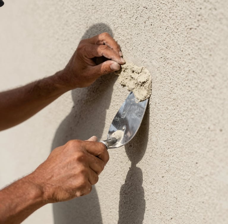 Tight macro shot of a craftsman's hands using a steel trowel to apply wet sand-textured stucco to an exterior wall, bright Florida morning light casting sharp shadows across the grain.