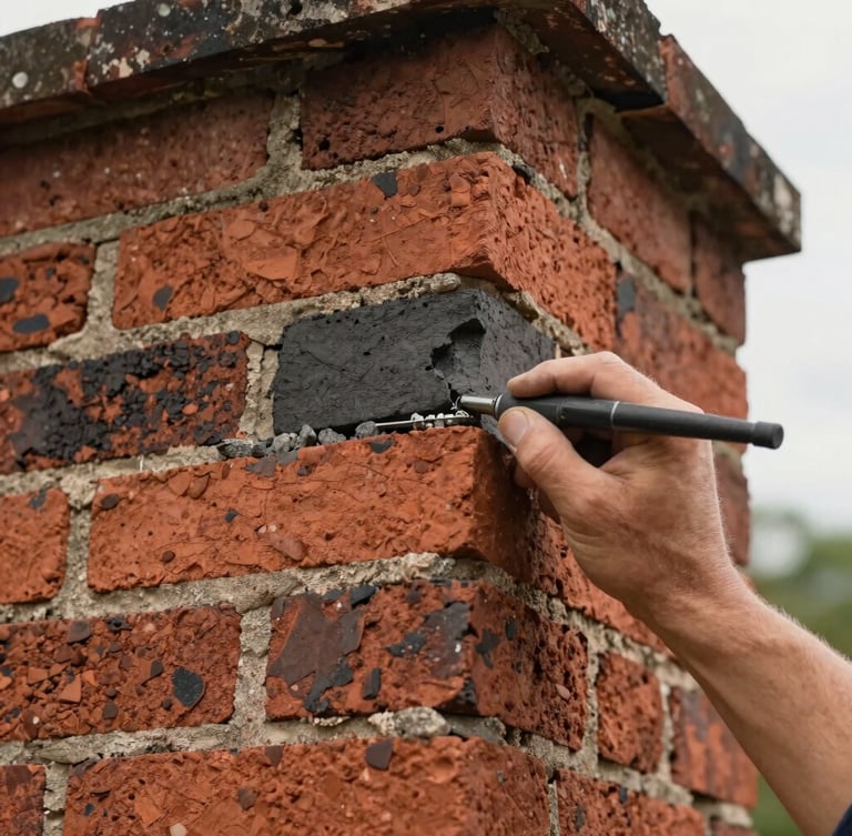 Close-up of a skilled hand performing tuckpointing on old brick chimney, warm natural light, detailed masonry texture, 35mm