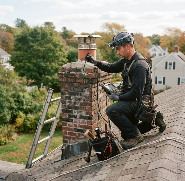 Technician performing a detailed chimney inspection on a roof, clear New England sky, diagnostic tools visible, warm natural light, 35mm