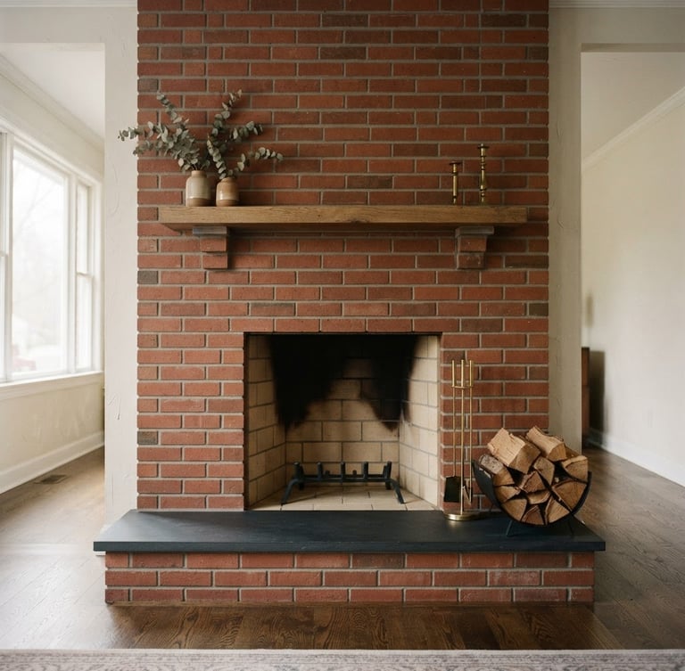 Wide shot of a pristine, clean brick fireplace hearth, warm natural indoor light, no soot, no dust, sharp focus, 35mm