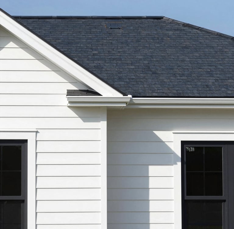 Crisp architectural photograph of a completed modern home exterior with clean siding lines and a new dark shingle roof under bright daylight.
