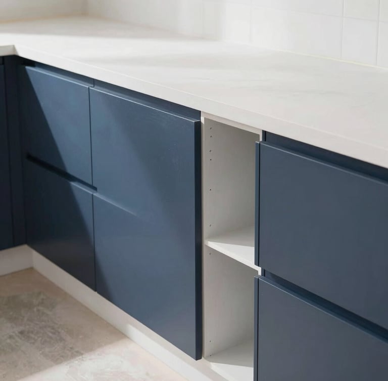Bright natural daylight illuminating a clean, dust-controlled kitchen remodeling workspace, showing sharp focus on newly installed cabinetry and precise carpentry joints.