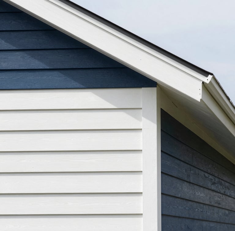 Crisp architectural photography of premium horizontal siding lines meeting a sharp roof edge, bright daylight, clean navy and white tones, 35mm lens.