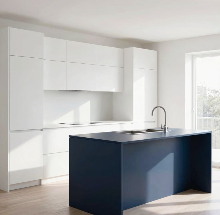Bright architectural photo of a modern kitchen with clean white cabinets, deep navy blue island, and precise carpentry joints, natural daylight, 35mm lens