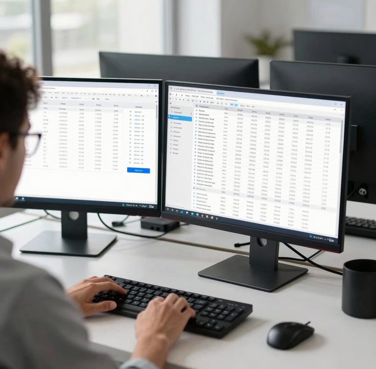 An over-the-shoulder view of a clean, modern dual-monitor workstation in a bright, daylight-filled office, displaying structured data dashboards and billing workflows.