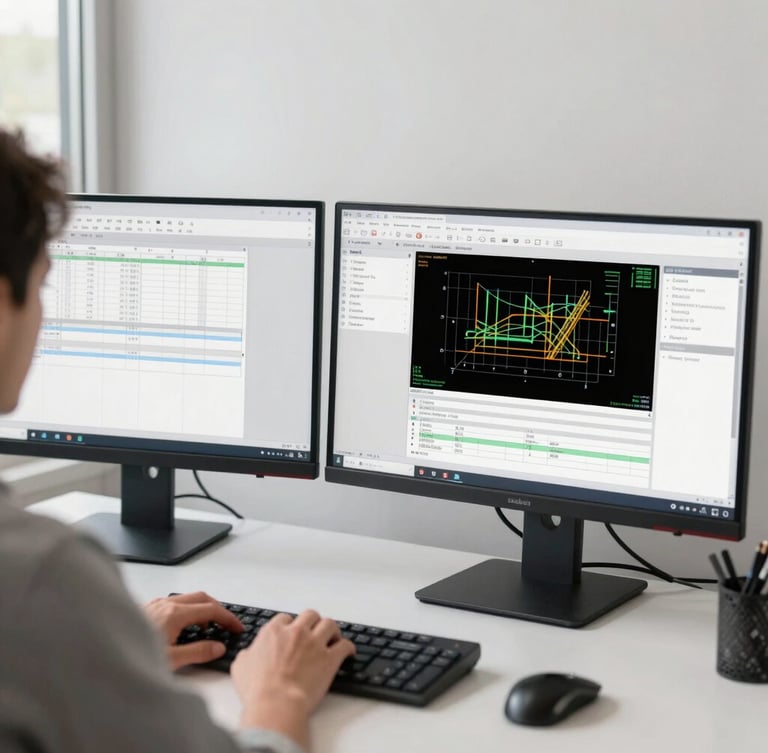 Over-the-shoulder shot of a modern workspace, dual monitors displaying construction estimating software with CAD drawings, bright neutral daylight, clean white balance.