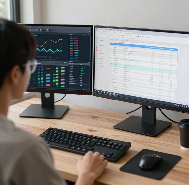 Over-the-shoulder shot of a clean, organized modern workspace, dual-monitor setup showing data visualization and billing software, neutral daylight, sharp focus.
