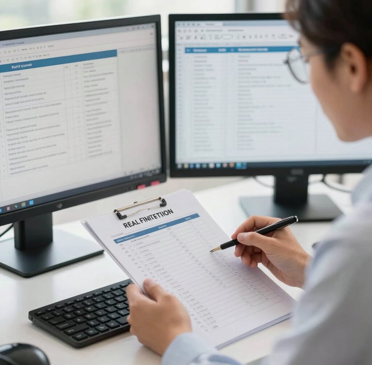 Over-the-shoulder shot of a professional coordinator analyzing a real estate transaction checklist on a dual-monitor setup, bright natural daylight, clean workspace