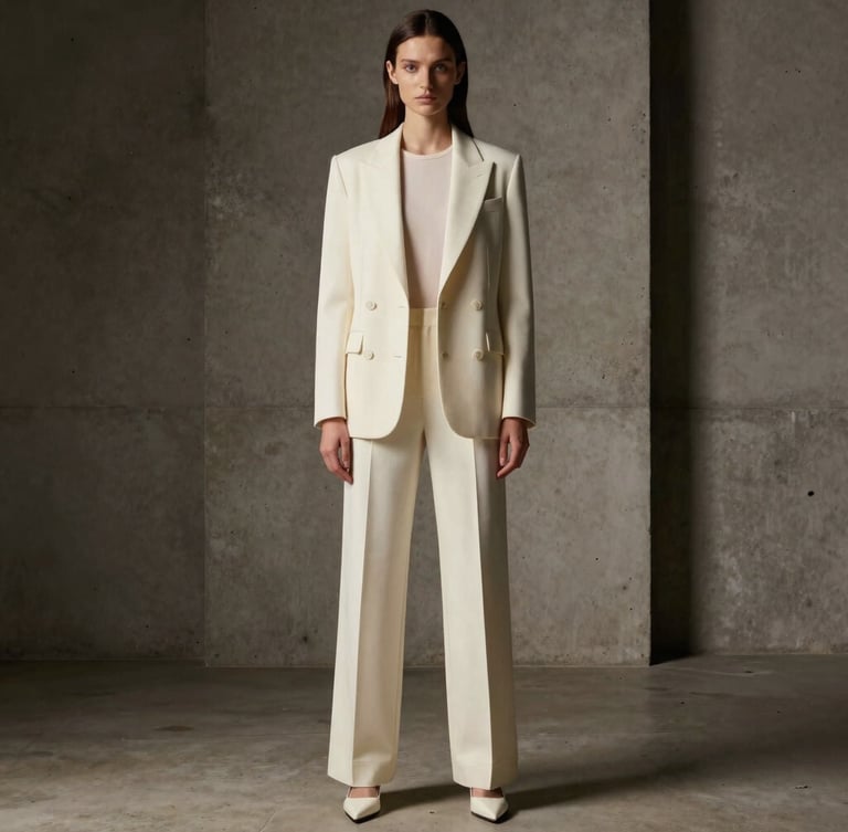 Polished editorial model wearing light luxury apparel in a structured concrete studio, dramatic shadows, warm cream tones, high-contrast studio lighting, 35mm lens