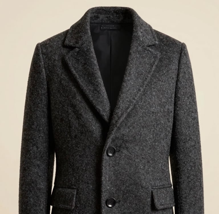 Polished editorial model wearing a structured charcoal wool coat, high-contrast studio lighting, warm cream background, sharp focus, 35mm lens