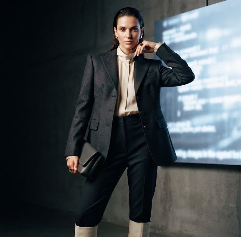Polished editorial model wearing structured light-luxury apparel, high-contrast studio lighting with cool digital screen glow, deep charcoal and warm cream tones, sharp focus, 35mm lens