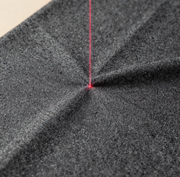 Extreme close-up of a high-end structured gray wool fabric being analyzed by a laser alignment guide, sharp contrast, studio lighting.