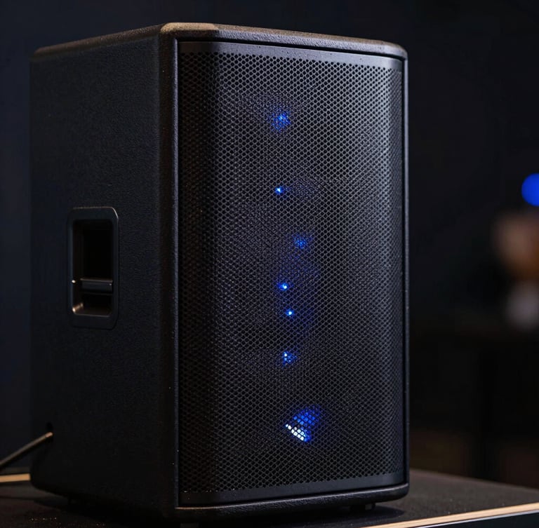 Macro shot of a matte-black high-fidelity professional speaker cabinet, sleek metal grille, subtle blue LED glow, low-key dramatic event lighting, shallow depth of field