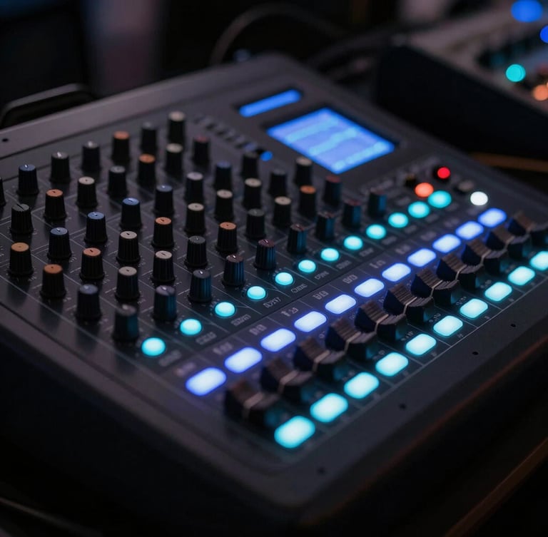 Close-up of a high-end matte-black digital mixing console, glowing blue and cyan LED indicators, shallow depth of field, dark-mode event atmosphere