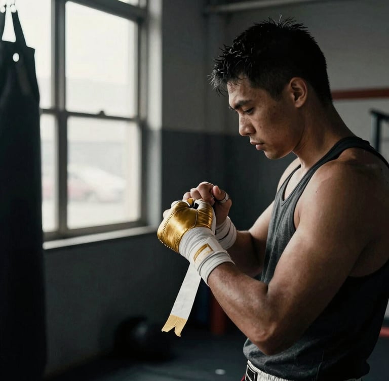 Gritty documentary photo of an amateur boxer wrapping hands in a local BC gym, high-contrast side window light, desaturated charcoal tones with warm gold accents, 35mm film.