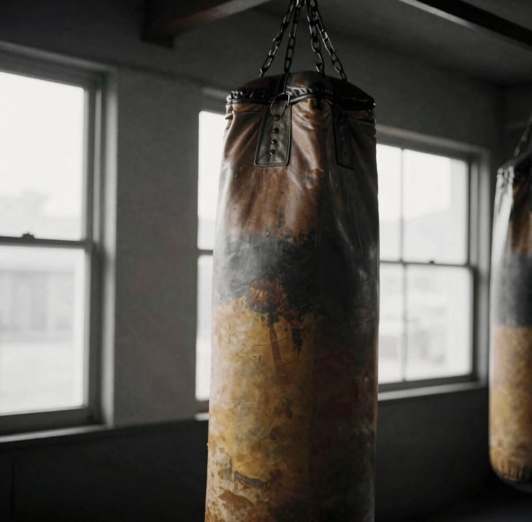 Close-up of a weathered leather heavy bag hanging in a rustic boxing gym, dramatic side-lighting from gym windows, high-contrast desaturated tones, 35mm film