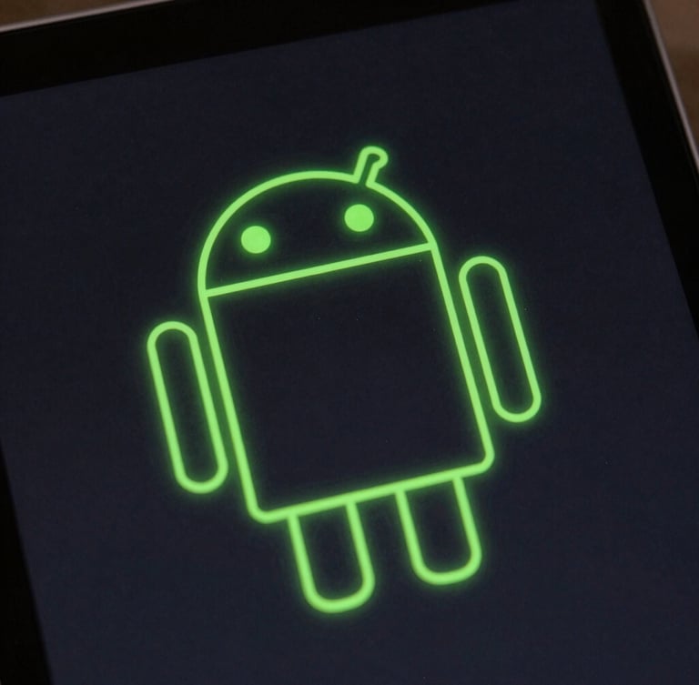 Macro close-up of an Android tablet screen showing a clean vector wireframe of an application interface, neon green lines glowing against a dark slate background, high contrast, 35mm