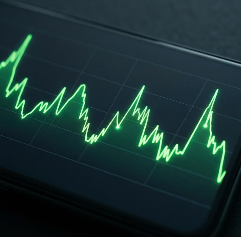 Extreme close-up of a sleek Android device screen displaying a minimalist, high-contrast neon green system performance graph, dark slate background, low-key studio lighting.