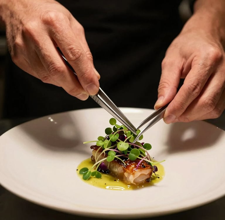 Tight cinematic macro shot of chef hands carefully plating a modern dish, vibrant microgreens being placed with tweezers, warm side lighting, dark moody background.