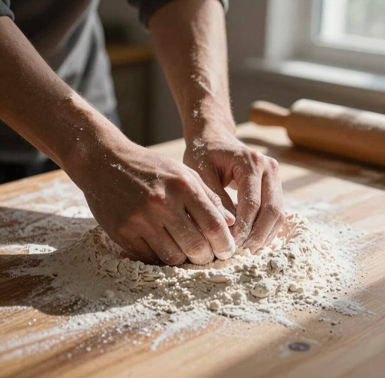 Tight, macro shot of hands dusting flour onto a wooden work surface, dramatic side-lighting from a window, high contrast, warm textures.