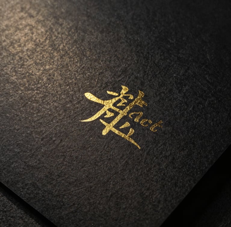 Macro detail of high-end textured black paper with gold foil debossing, dramatic side lighting, 35mm photography