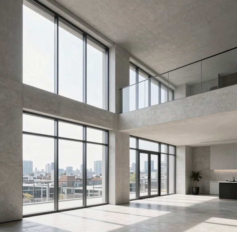 Wide-angle architectural editorial photograph of a modern residential interior in Toronto, minimalist concrete walls, bright natural daylight flooding through floor-to-ceiling windows, sharp geometric lines, 35mm.