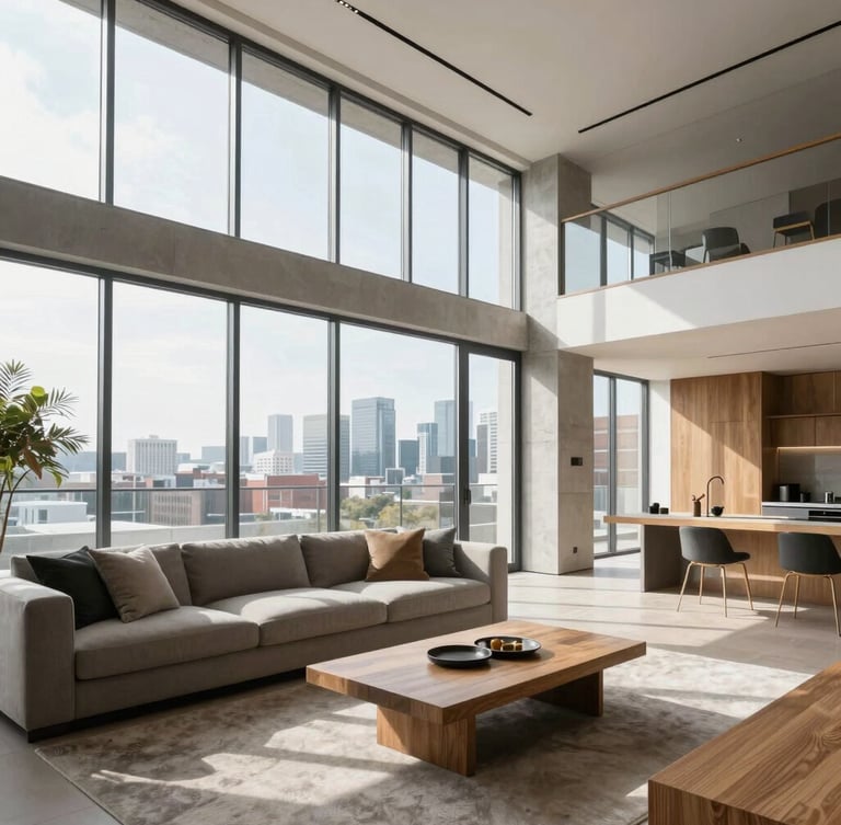 Architectural interior of a modern Toronto living room, expansive floor-to-ceiling windows, natural daylight casting soft linear shadows, concrete and oak details, wide-angle 35mm photography