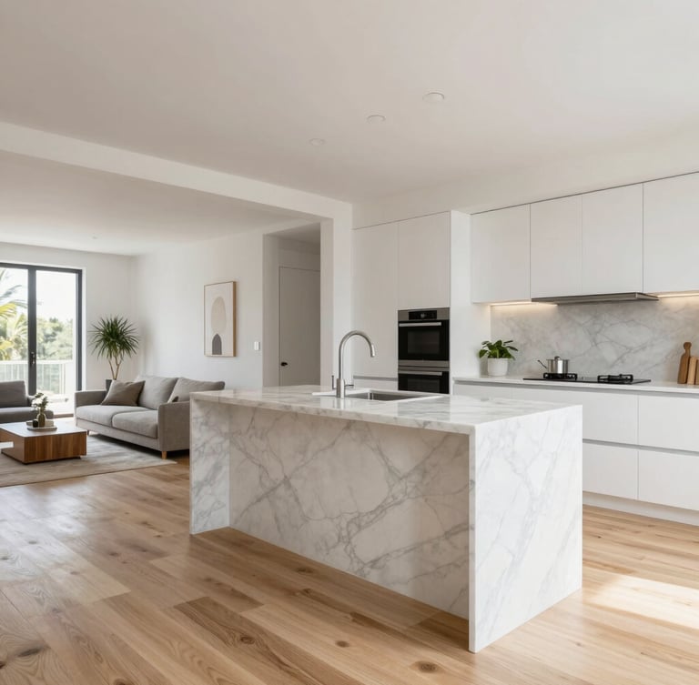 Bright modern residential interior showing a seamless transition between a kitchen and living area, minimalist design, natural oak flooring, marble island, 35mm