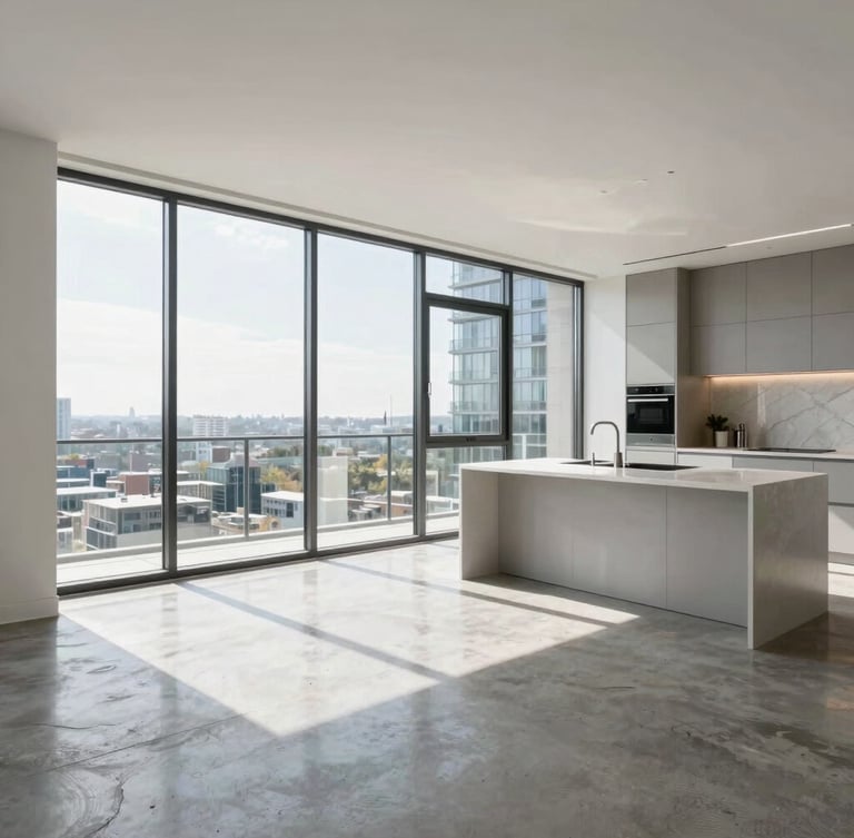 Wide-angle architectural photograph of a modern luxury residential interior in Toronto, bright natural daylight streaming through floor-to-ceiling windows, polished concrete floor, minimalist kitchen island, 35mm.