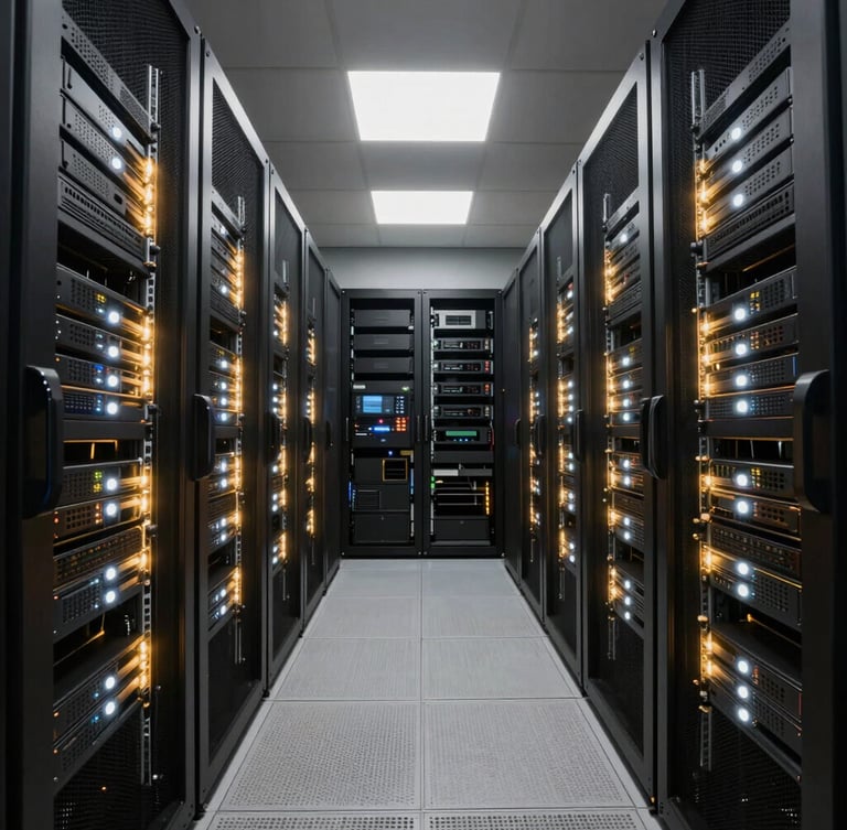 Symmetrical, clean server racks in a dark enterprise data center, illuminated by sharp white status lights and a warm gold rim glow, wide angle
